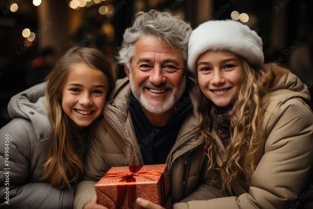 Portrait of Father and Daughters Celebrating with a Gift. Concept of Christmas and Birthday. Portrait of Father and Daughters Celebrating with a Gift. Concept of Christmas and Birthday.