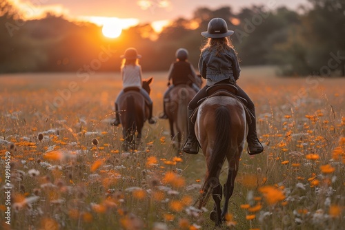 A serene scene of three horse riders moving through a field of wildflowers as the sun sets, creating a warm golden hour glow © familymedia