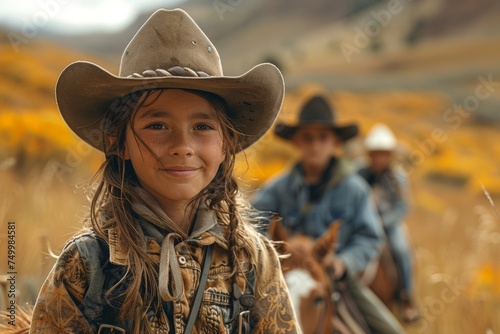 A young girl wearing a cowboy hat and jacket rides a horse with fall colors in the background photo
