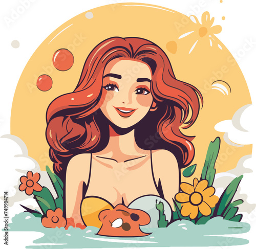 Radiant woman surrounded by flowers enjoying a sunny summer day outdoors vector illustration
