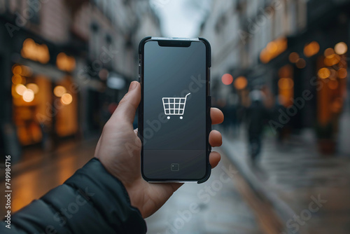 Smartphone online shopping concept, shopping cart symbol on a smartphone screen