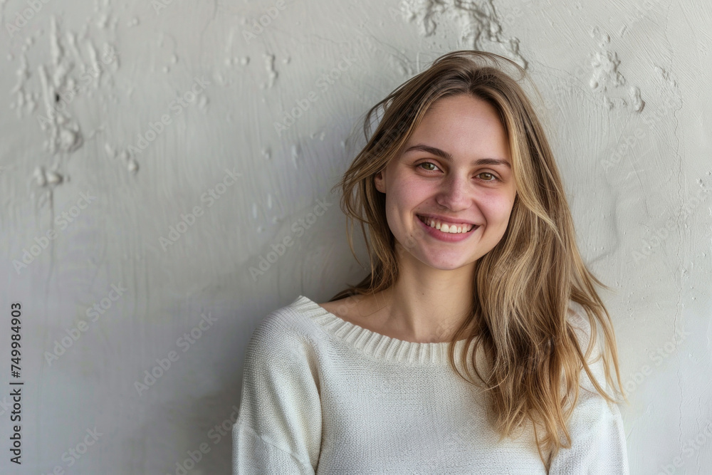 Beautiful young woman portrait posing with a joyful smile in front of a white wall, looking directly at the camera