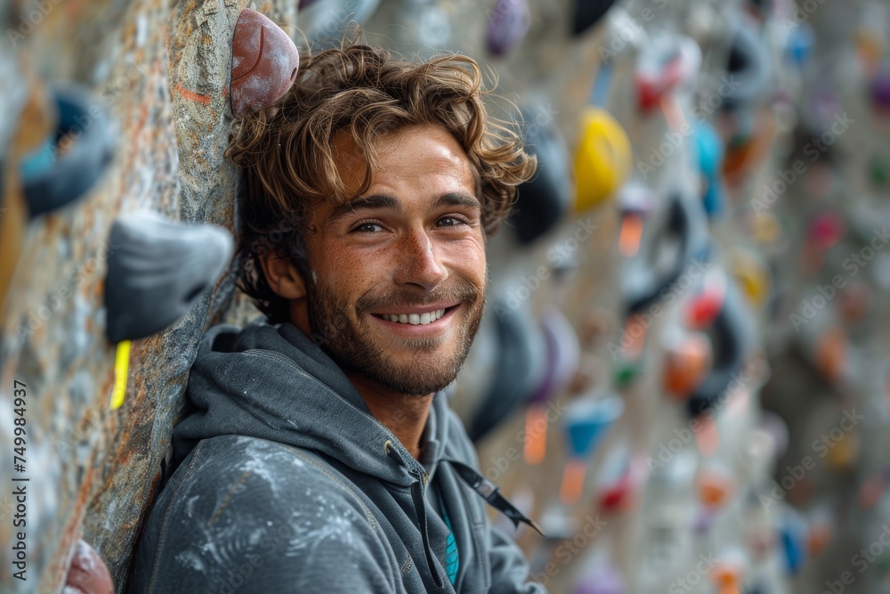 A content young male climber rests against a colorful climbing wall, looking relaxed and happy