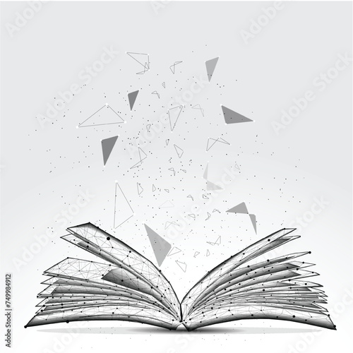 Open book and e-learning low poly wireframe. Digital online education. isolated on blue dark background. vector illustration futuristic style. study and education concept.
