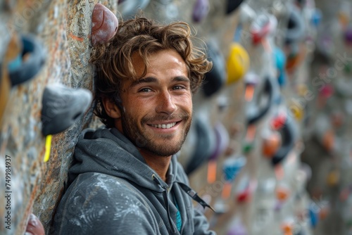 A content young male climber rests against a colorful climbing wall, looking relaxed and happy