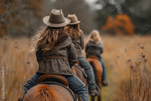A woman in a western hat rides a brown horse through a field with autumn foliage and dry plants photo