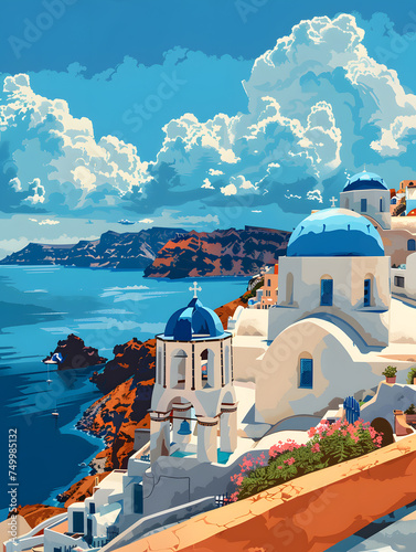 A picturesque painting of a Greek island featuring a building with a blue dome under an azure sky, surrounded by water and fluffy clouds