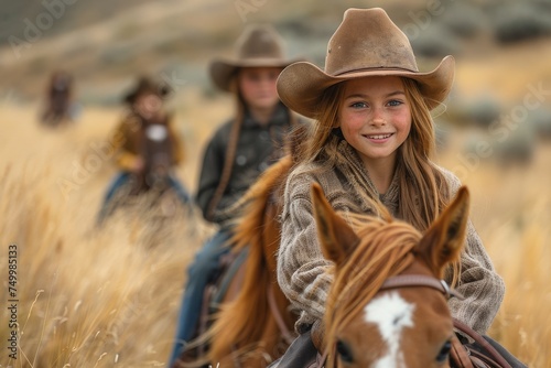 Child in cowboy attire smiling on horse with a field in the background, conveying joy