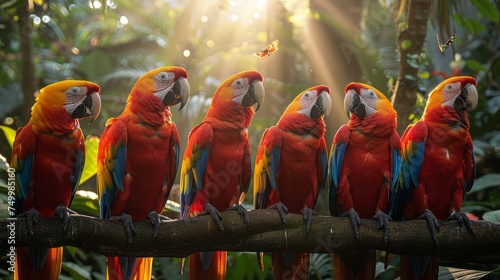 Colorful parrots perched on a tree branch in natural landscape