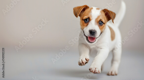 A jack russell terrier dog puppy in studio gray background, pet friendly concept.