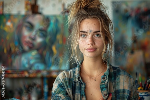 A young freckled artist exhibits a reflective and emotional gaze, with a vivid painting in her background