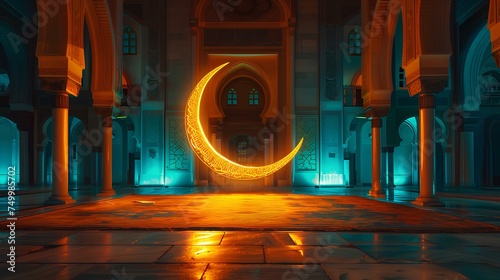 The crescent of the holy month of Ramadan illuminates the courtyard of the mosque