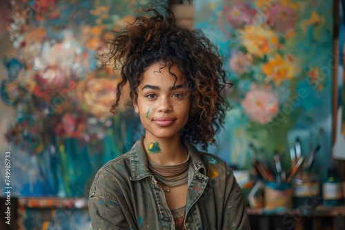 A young artist with a genuine presence and curly hair poses in an art-filled studio photo