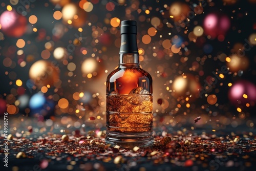 A bottle of whiskey with an empty label on a festive background with balloons and confetti