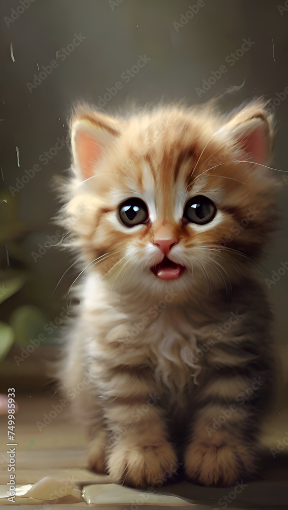 Cute little kitten looking at camera with funny expression on face.