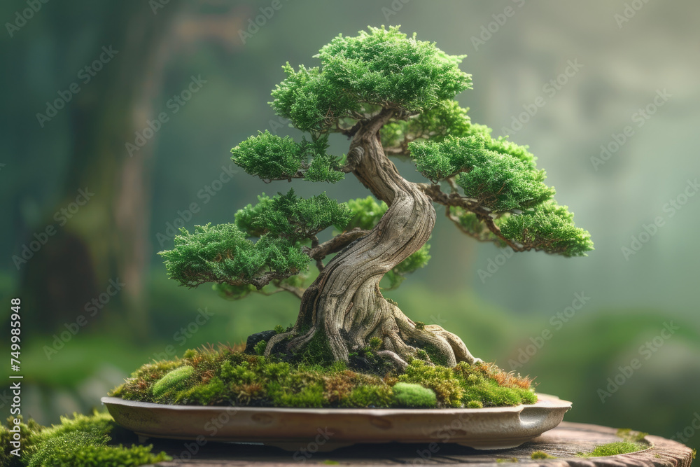 Exquisite bonsai tree in tranquil setting, Japanese art and harmony with copy space Exquisite bonsai tree in tranquil setting, Japanese art and harmony with copy space