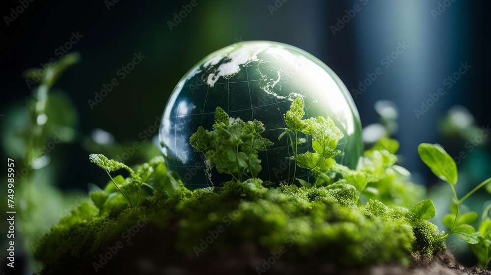The globe is covered with thick green moss. The globe is covered with thick green moss.