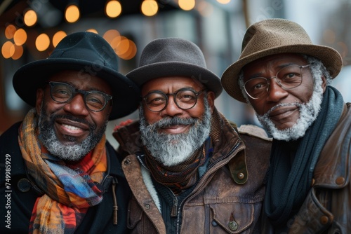 A close-up of three stylish senior men with beards and hats, wearing warm clothes and exuding a sense of brotherhood and style