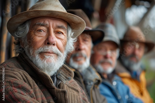 An elder man in a cowboy hat stands out in a group of friends, surrounded by warm autumn colors and soft bokeh lighting