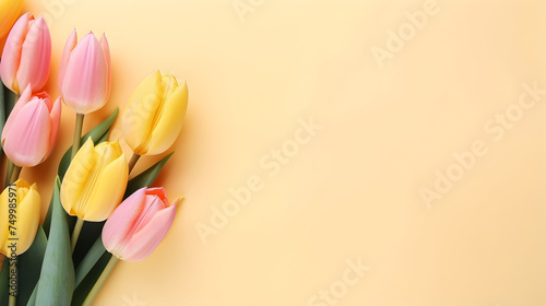 Beautiful tulip flowers on light yellow background