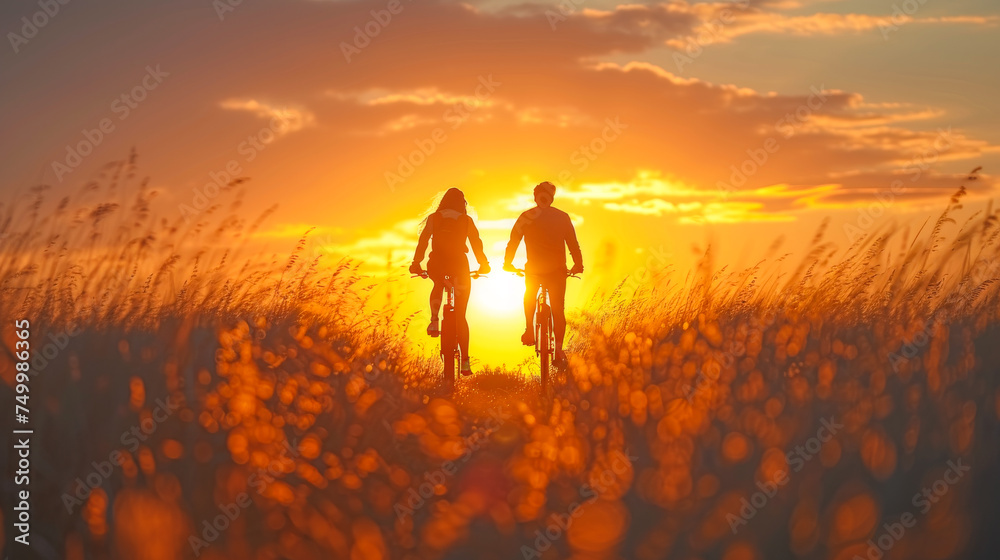 Silhouette of a couple riding a bicycle and smiling. Love, sport, and fun concept.