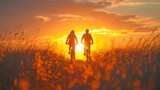 Silhouette of a couple riding a bicycle and smiling. Love, sport, and fun concept.