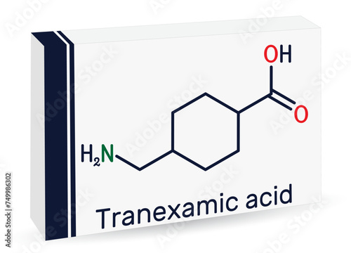 ranexamic acid, TXA molecule. It is antifibrinolytic. Skeletal chemical formula. Paper packaging for drugs photo