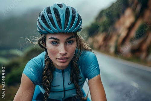 Athletic female with braided hair wearing a cyan helmet and cycling gear, with wet road in the backdrop