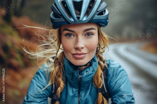 A cheerful young female cyclist with a smile, sporting a blue helmet, with an out-of-focus autumn road behind her