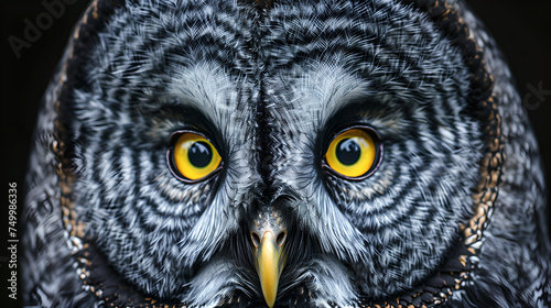 closeup pf great grey owl with shiny yellow eyes on black background © Jakob
