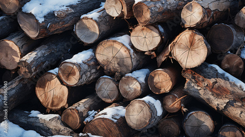 A pile of frozen wood tree logs