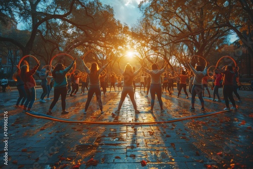 Energetic individuals participate in a hula hoop exercise session in a public urban park during sunset