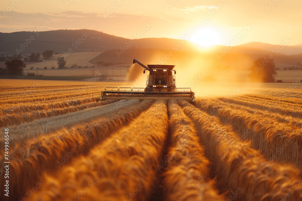 Fototapeta premium farmer harvesting field with harvester, suset, farm work
