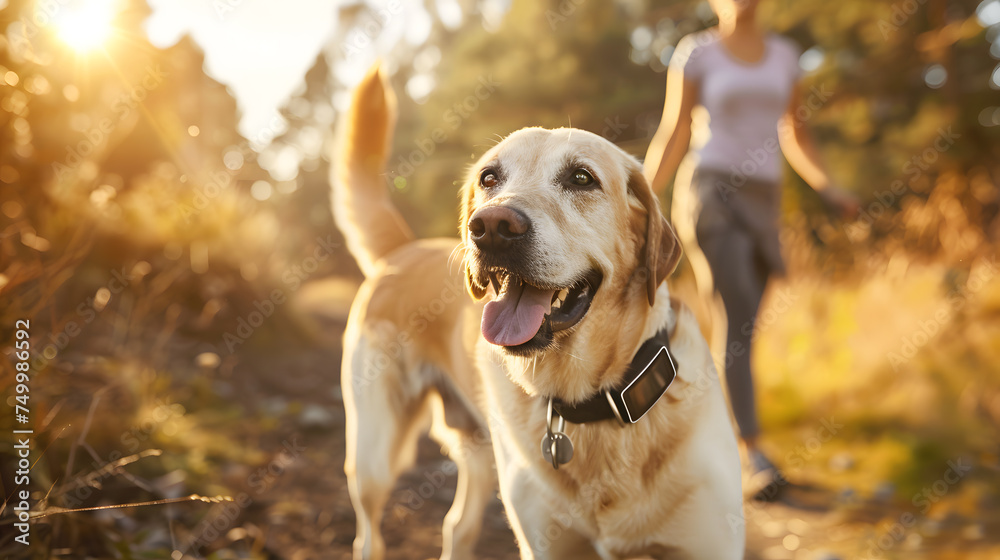 Golden retriever dog sitting happily in the park, GPS trackers ensure pets
