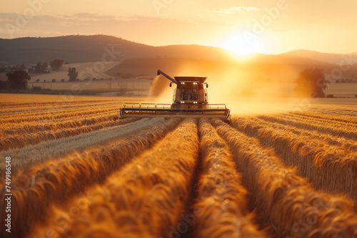 farmer harvesting field with harvester  suset  farm work