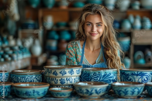 A young female pottery artist stands before an array of hand-painted bowls  showing craftsmanship and artisanal skills