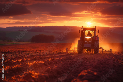 farmer plowing filed with tractor in sunset