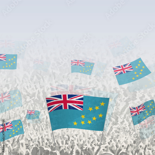 Crowd of people waving flag of Tuvalu square graphic for social media and news.
