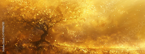 Golden tree emerges from a mystical haze of gold dust, creating a captivating fantasy abstract.