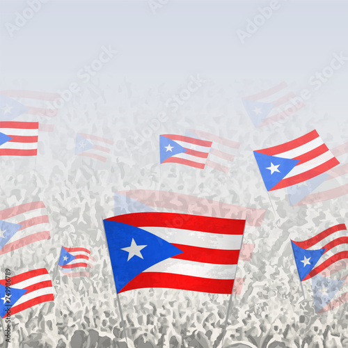 Crowd of people waving flag of Puerto Rico square graphic for social media and news.