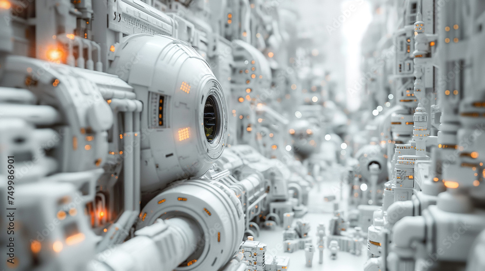 White futuristic technology microworld. Industrial sci-fi concept. 3D render illustration with depth of field.
