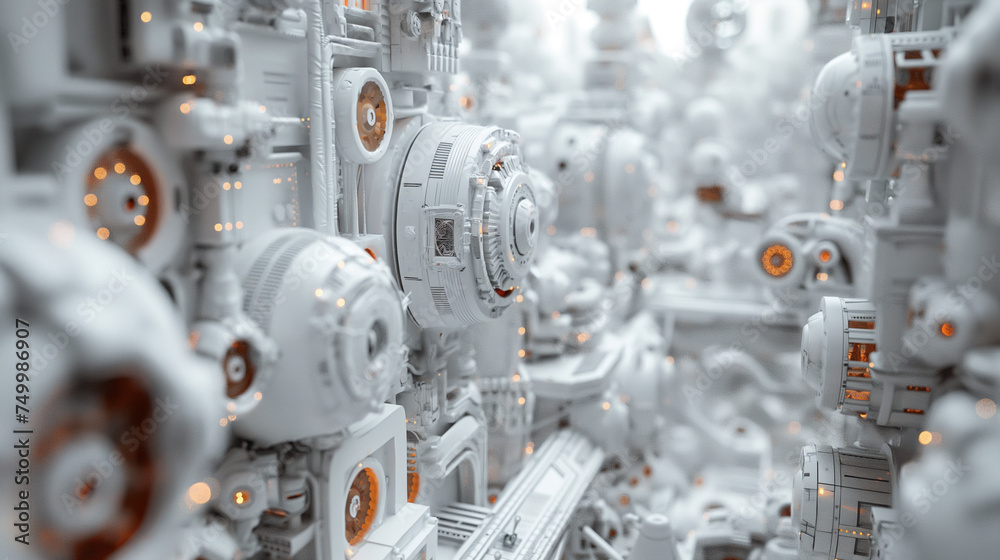 Fototapeta premium White futuristic technology microworld. Industrial sci-fi concept. 3D render illustration with depth of field.