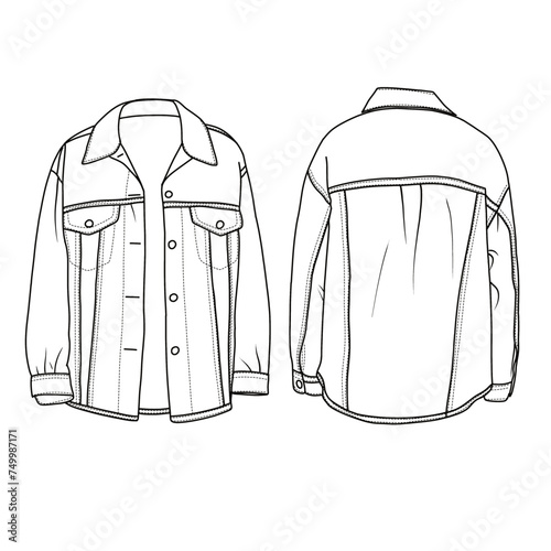 Template vector Hand drawn ink sketch of Women's Shacket Trucker Jacket line art, suitable for your for kids coloring book., outline vector doodle illustration, front and back view isolated on white
