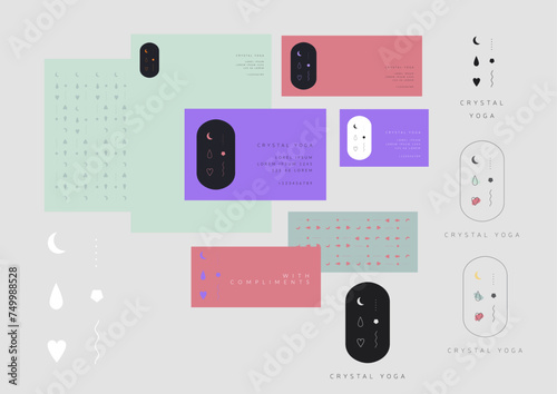 Bikram Yoga Crystal Healing Beauty Salon Spa. Editable modern esoteric small business visual identity presentation, CID. Graphic design spread layout mock up logo heart moon drop symbols five elements