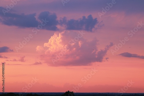 Beautiful blue sky with pink clouds illuminated by the setting sun. Sunset, evening, cumulus and cirrus clouds.  © Tetiana