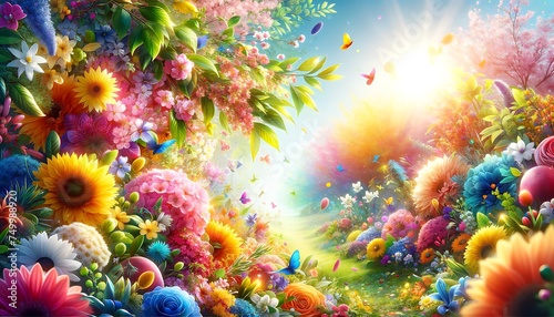 Spring summer vibrant color background, Spring with rainbow flowers and butterflies