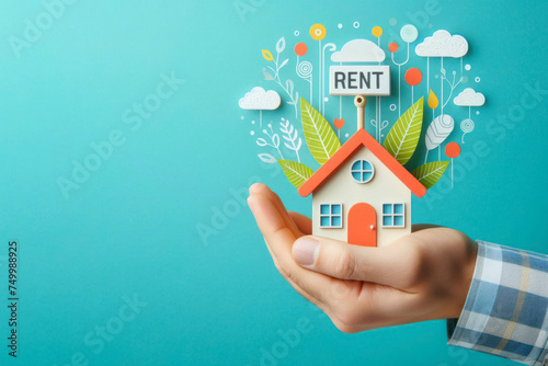 Hand holding home  concept of rent or sale on a color bright background. ai generative