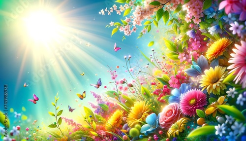 Spring summer vibrant color background, Spring with rainbow flowers and butterflies photo
