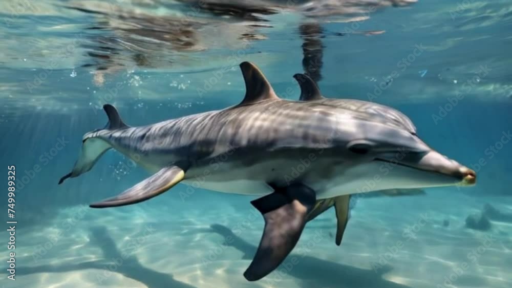 The underwater view of a pod of dolphins gracefully swimming in crystal-clear waters The underwater view of a pod of dolphins gracefully swimming in crystal-clear waters