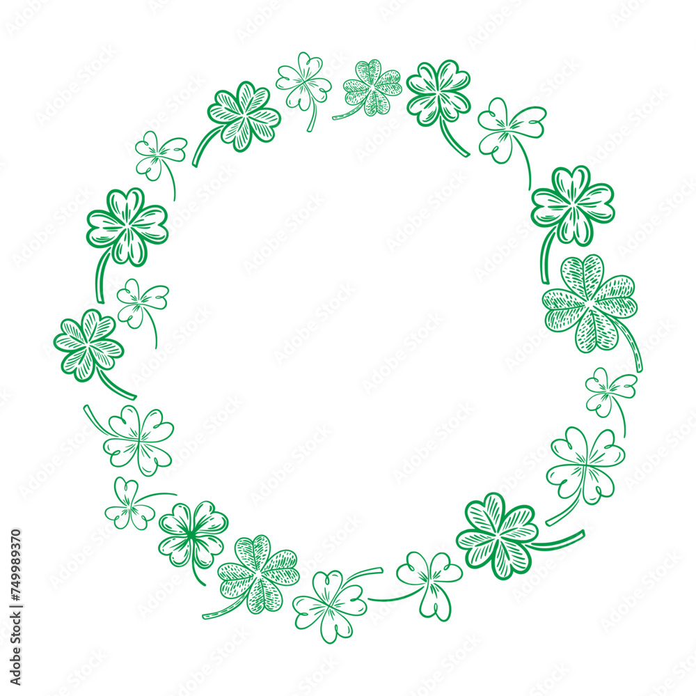 Vector, round illustration of clover leaves, hand-drawn in the style of doodles. St. Patrick's Day. An Irish illustration.